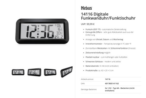 Mebus 14116 Rádiójel vezérlésű Rádiójel vezérlésű óra 42 cm x 20 cm x 3 cm Fekete Nagy kijelző