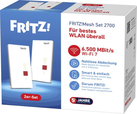 FRITZ! WiFi 7 hatótávnövelő FRITZ!Mesh Set 2700 2er-Set 20003142 WLAN, LAN 6.5 GBit/s WiFi 7, Mesh-k