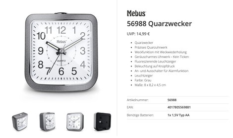 Mebus 56988 Kvarc Ébresztőóra Szürke
