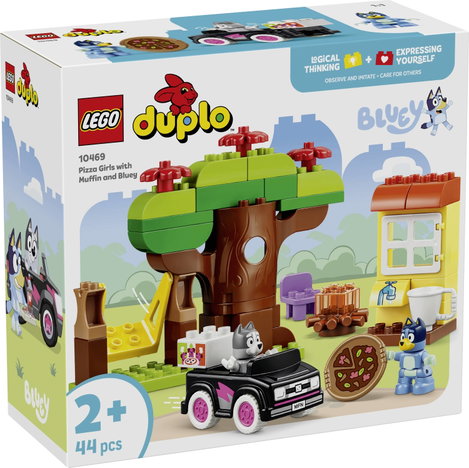 LEGO® DUPLO Bluey 10469 Pizza Nővérek Muffinnal és Bluey-val építőjáték játékautóval, fával, hintáv