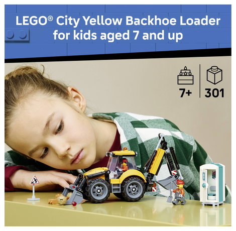 LEGO® CITY 60480 Sárga kotrógép-rakodó  építőipari jármű működő első és hátsó kanállal. 3. kép