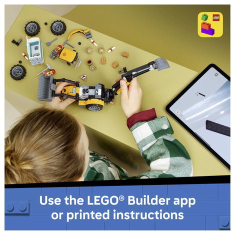 LEGO® CITY 60480 Sárga kotrógép-rakodó  építőipari jármű működő első és hátsó kanállal. 6. kép