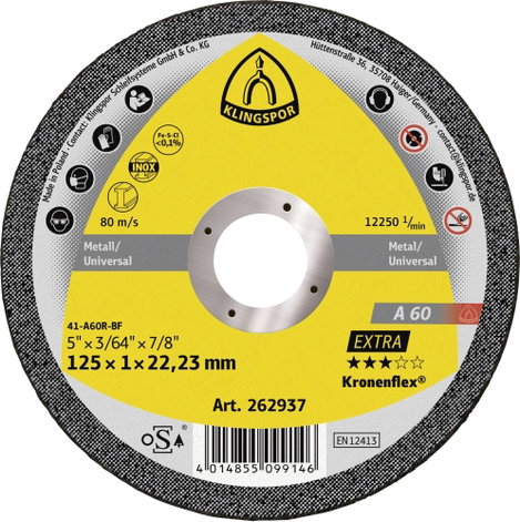 Klingspor A 60 Extra 262937 Vágótárcsa, egyenes 125 mm 25 db Nemesacél, Acél