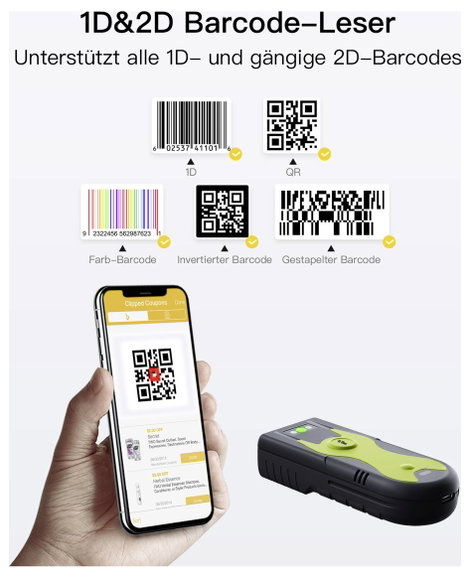 inateck Vonalkód olvasó Bluetooth®, Rádiójel vezérlésű 1D, 2D LED Fekete, zöld Kézi szkenner állvánn 12. kép