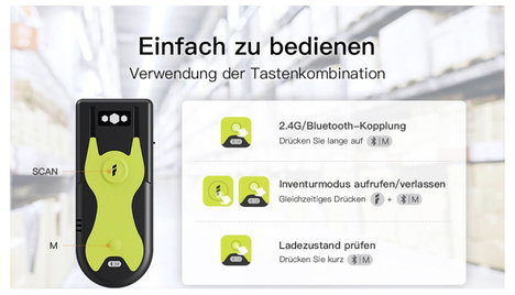 inateck Vonalkód olvasó Bluetooth®, Rádiójel vezérlésű 1D, 2D LED Fekete, zöld Kézi szkenner állvánn 3. kép