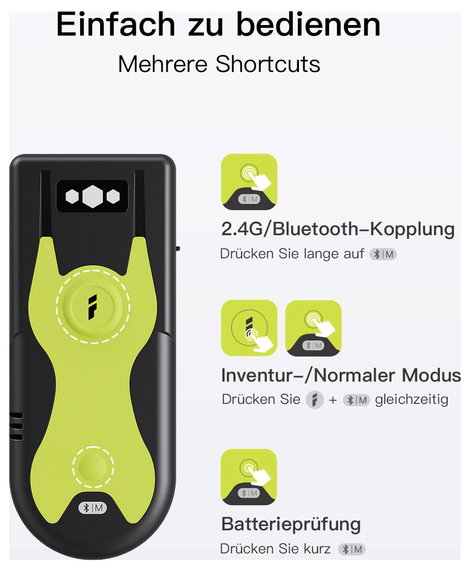 inateck Vonalkód olvasó Bluetooth®, Rádiójel vezérlésű 1D, 2D LED Fekete, zöld Kézi szkenner állvánn 8. kép