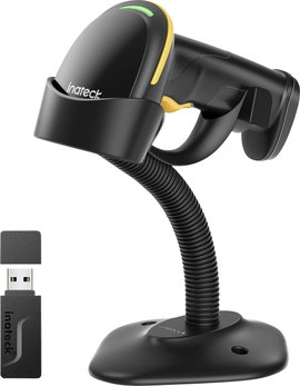 inateck Vonalkód olvasó Bluetooth® 1D, 2D LED Fekete Kézi szkenner állvánnyal