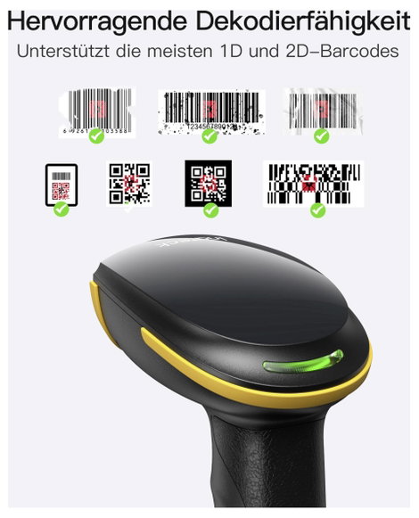 inateck Vonalkód olvasó Bluetooth® 1D, 2D LED Fekete Kézi szkenner állvánnyal 2. kép