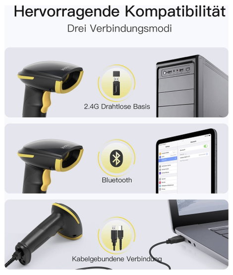 inateck Vonalkód olvasó Bluetooth® 1D, 2D LED Fekete Kézi szkenner állvánnyal 4. kép
