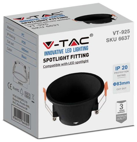 V-TAC VT-925 GU10 FITTING ROUND-BLACK 6637 Beépítő keret Fekete IP20 Fekete 2. kép