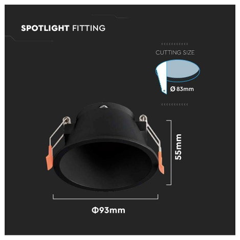 V-TAC VT-925 GU10 FITTING ROUND-BLACK 6637 Beépítő keret Fekete IP20 Fekete 3. kép