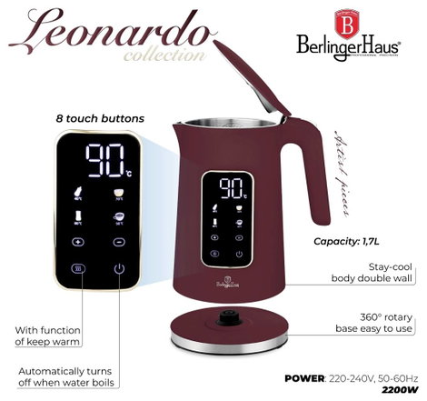 BerlingerHaus Vízforraló BPA mentes, Cool-touch ház, Digitális időzítő, LCD kijelző, Hőmérséklet elő 6. kép