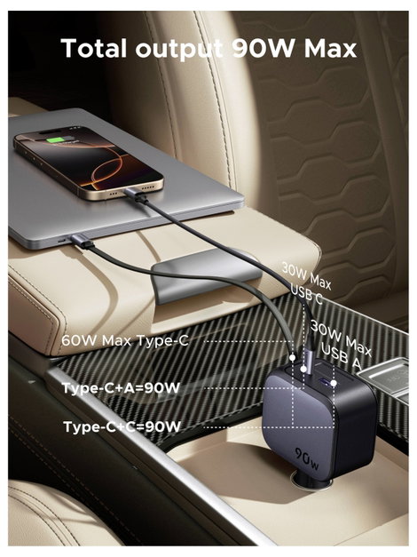 UGREEN EC603 90W Car Charger Jármű töltőkészülék 90 W 2x USB-C®, 1x USB-A Szürke Személygépkocsi, Te 12. kép