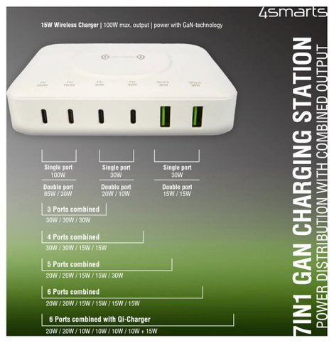 4Smarts Asztali töltőállomás 100 W 2x USB-A, 4x USB-C®, Standard indukciós töltés Quick Charge 3.0,  6. kép