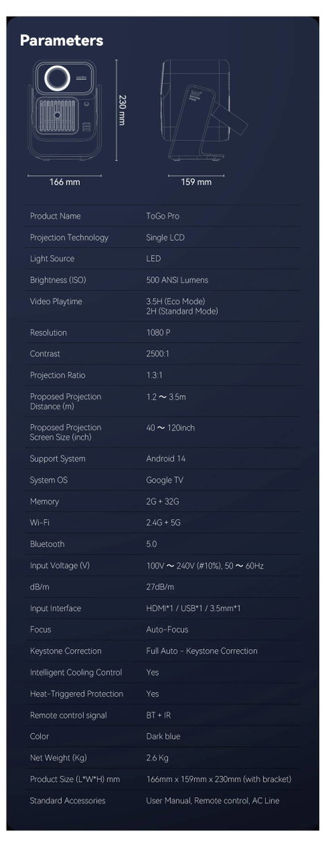 Wanbo Kivetítő Togo Pro LED 500 ANSI lumen 1920 x 1080 Full HD Beépített hangszóró, Automatikus fóku 18. kép