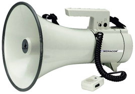 Megafon, hordpánttal, beépített hangokkal, kézi mikrofonnal, Monacor TM-35