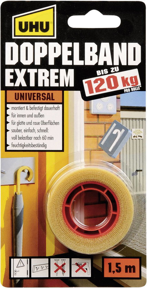 Kétoldalas ragasztószalag, UHU® " Extrem" (H x Sz) 1.5 m x 19 mm UHU, tartalom: 1 tekercs