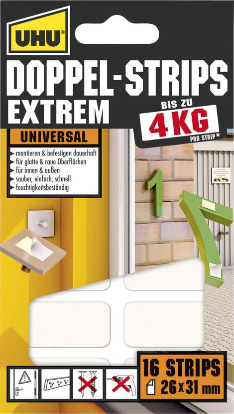 Kétoldalas ragasztócsíkok, Uhu Extrem (H x Sz) 31 mm x 26 mm, fehér 45450 UHU, tartalom: 16 db