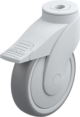 Blickle 743103 125mm-es formatervezett műanyag görgő rögzítő fékkel, WAVE, terelő görgő hátsó furatt