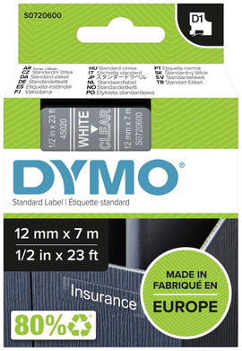 DYMO feliratozószalag D1, 12mm, átlátszó/fehér, S0720600