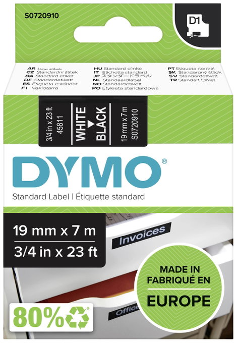Dymo feliratozó szalagok, D1, 45811, fekete/fehér, 19x7, S0720910