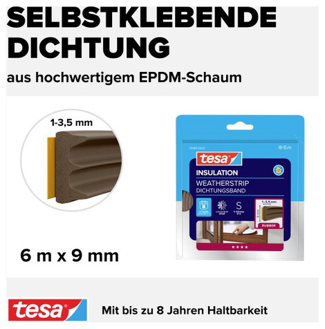 E profilú ablak szigetelő gumi, barna, 6 m x 9 mm, tesamoll 05463-00121-00 TESA 1 tekercs 4. kép