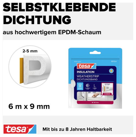 P profilú ablak szigetelő gumi, fehér, 6 m x 9 mm, tesamoll 05390-00100-00 TESA 1 tekercs 4. kép