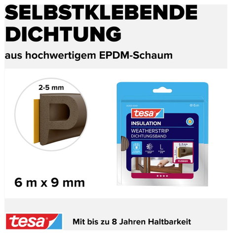 P profilú ablak szigetelő gumi, barna, 6 m x 9 mm, tesamoll 05390-00101-00 TESA 1 tekercs 4. kép