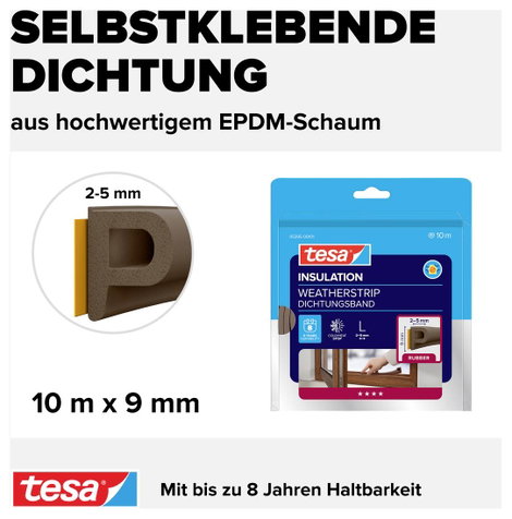 P profilú ablak szigetelő gumi, barna, 10 m x 9 mm, tesamoll TESA 1 tekercs 4. kép