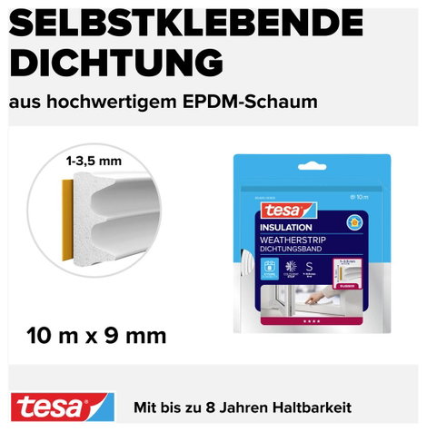 E profilú ablak szigetelő gumi, fehér, 10 m x 9 mm, tesamoll TESA 1 tekercs 4. kép