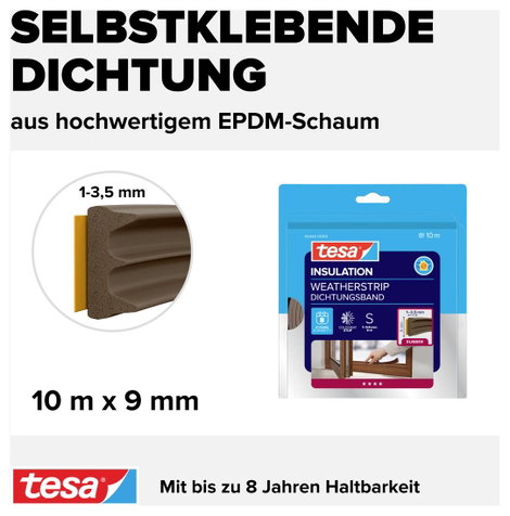E profilú ablak szigetelő gumi, barna, 10 m x 9 mm, tesamoll TESA 1 tekercs 4. kép