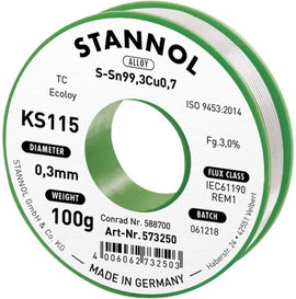 Forrasztóhuzal, ólommentes, 100 g, 0,3 mm, 3,0%, KS115