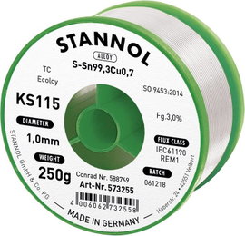 Forrasztóhuzal, ólommentes, 250 g, 1,0 mm, 3,0%, KS115