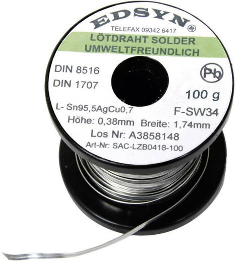 Forrasztó ón, forrasztóhuzal, ólommentes forrasztó szalag 100 g 1.74 mm Sn95.5AgCu0.7 Edsyn SAC-LZB  2. kép