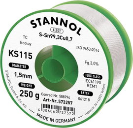 Forrasztóhuzal, ólommentes, 250 g, 1,5 mm, 3,0%, KS115