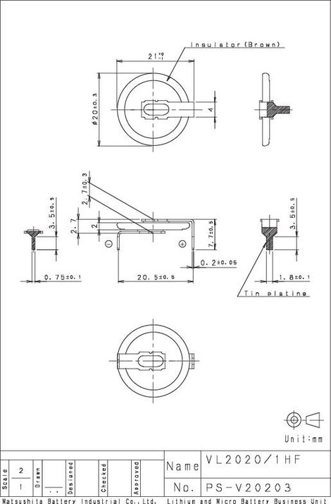 VL2020 gombakku lítium, beforrasztható, fekvő, 3 V 20 mAh, Panasonic VL2020-1HFE 2. kép