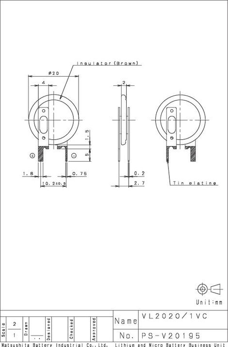 VL2020 lítium gombakku, beforrasztható, álló, 3 V 20 mAh, Panasonic VL2020-1VCE 2. kép