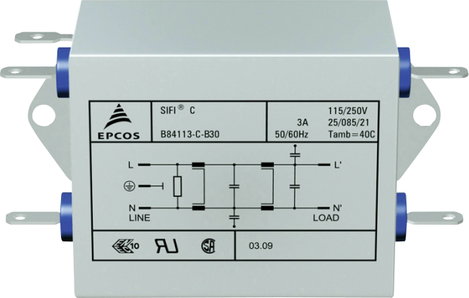 Epcos Hálózati zavarszűrő, SIFI C, nagy csillapítás STANDARD SZŰRŐ, SIFI C, 2X3A 250V 115/250 V/50-6