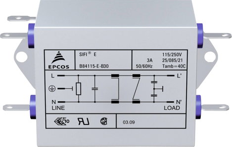 Epcos Hálózati zavarszűrő, SIFI E, nagy csillapítás STANDARD SZŰRŐ, SIFI E, 2X10A 250V 115/250 V/50/