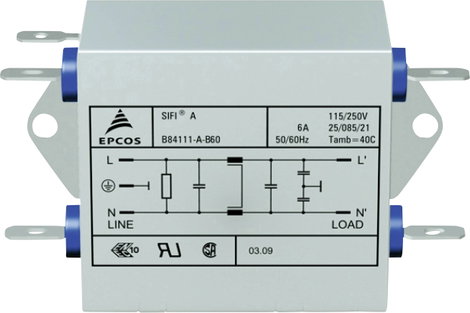 Epcos Hálózati zavarszűrő SIFI A, normál csillapítás STANDARD SZŰRŐ, SIFI A, 2X6A 250V 115/250 V/50-