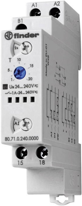 DIN sínes multifunkciós időkapcsolórelé, 1 áramkör, 240V/1A, Finder 80.71.0.240.0000