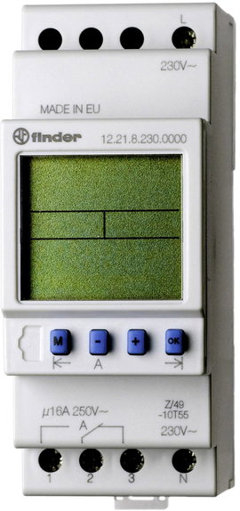 Finder DIN sínes időkapcsolórelé, 2 áramkör, 250V/16A, 12.22.8.230.0000
