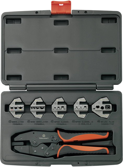 Racsnis krimpelő fogó sarukhoz, érintkezőkhöz, 5 db cserélhető betéttel Toolcraft 430461 2. kép