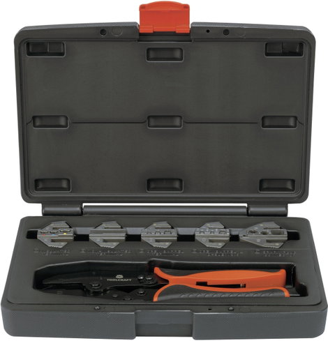 Racsnis krimpelő fogó sarukhoz, érintkezőkhöz, 5 db cserélhető betéttel Toolcraft 430461 3. kép