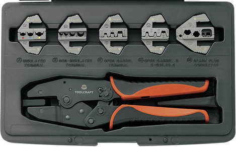 Racsnis krimpelő fogó sarukhoz, érintkezőkhöz, 5 db cserélhető betéttel Toolcraft 430461 5. kép