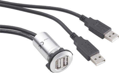 Beépíthető USB aljzat, 2x USB 2.0 aljzat A, 2x USB 2.0 dugó A, ezüst/fekete, Tru Components USB-06
