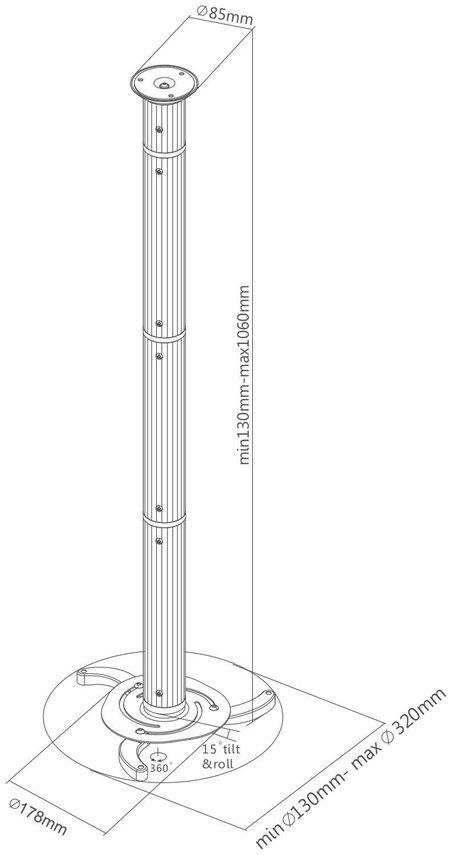 Mennyezeti projektor tartó konzol, forgatható, állítható hossz 13 - 106 cm SpeaKa Professional 12273 6. kép