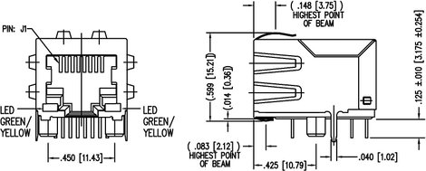 MagJack 10/100Base-TX 4 beépíthető csatlakozó aljzat, 8P8C, vízszintes, BEL Stewart Connectors SI-60 3. kép