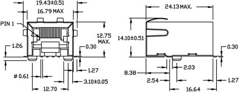MagJack 10/100Base-TX 4 átvivő Tab down alj, beépíthető vízszintes 10/100Base-TX Pólus: 8P8C S811-1X 4. kép
