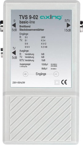 Antenna jelerősítő és elosztó, szélessávú +10dB Axing TVS 9-02
